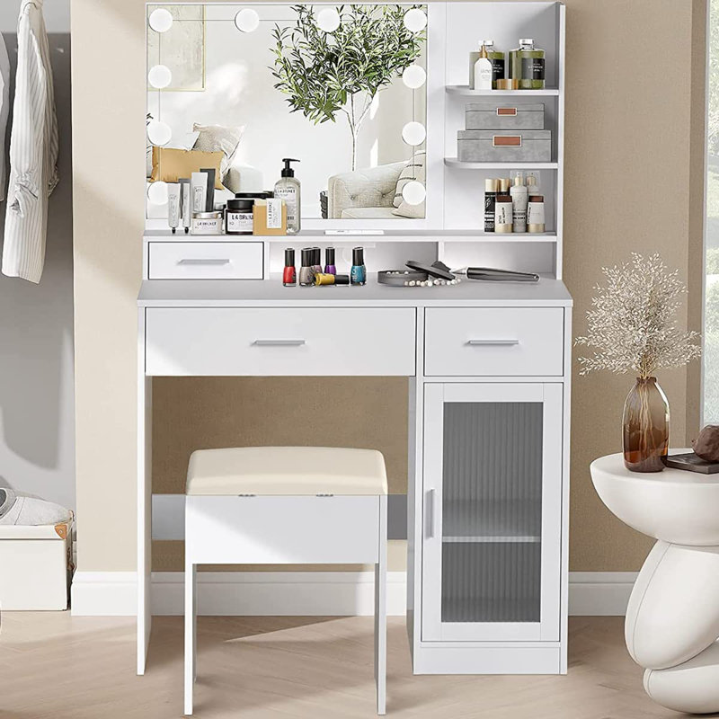 Latitude Run® Vanity Desk with Mirror and Lights,White Makeup Vanity with Power Outlet & Storage
